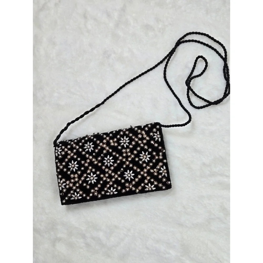 Vintage Kane M Black Velvet‎ Beaded Faux Pearl Floral Lattice Crossbody Clutch